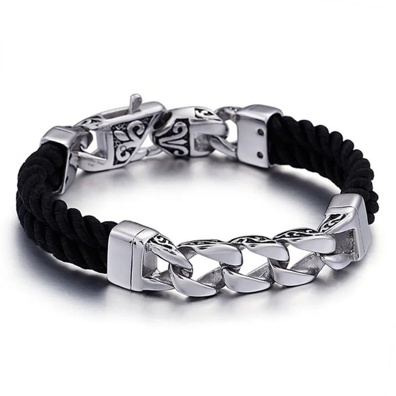Punk Style Stainless Steel Chain Leather Bracelet 220mm