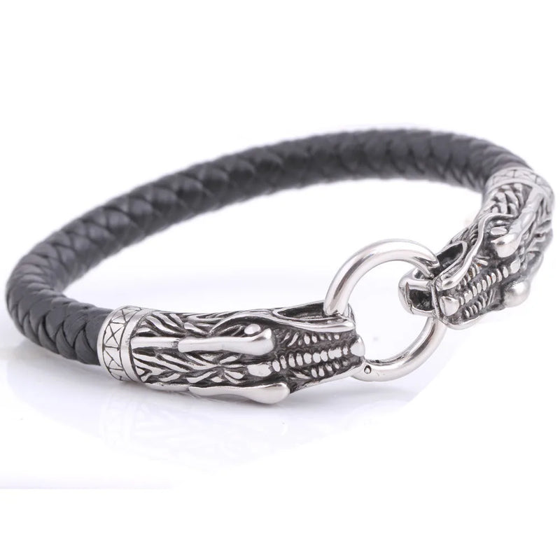 Vintage Braided Leather Bracelet with Dragon Clasp