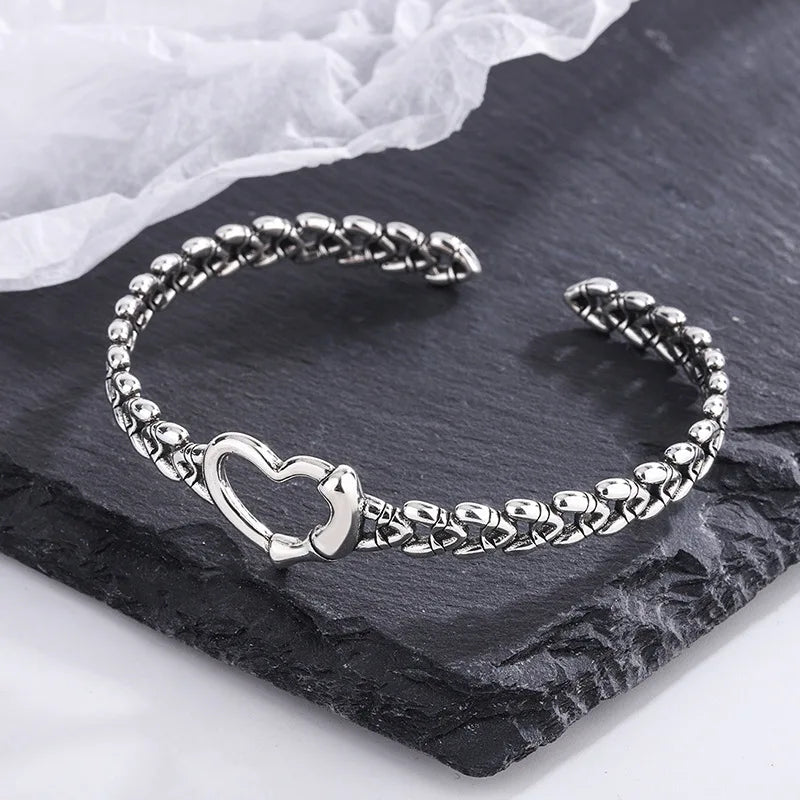 Vintage Silver Heart Bangle Punk Style Women Bijoux Jewelry