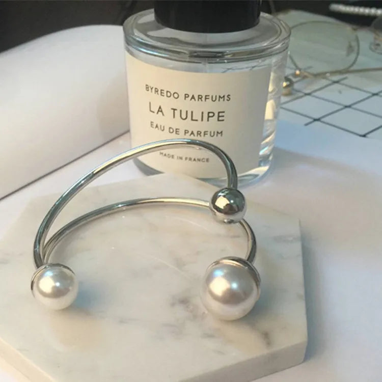 Punk Style Double Pearl Beads Cuff Bracelet for Women