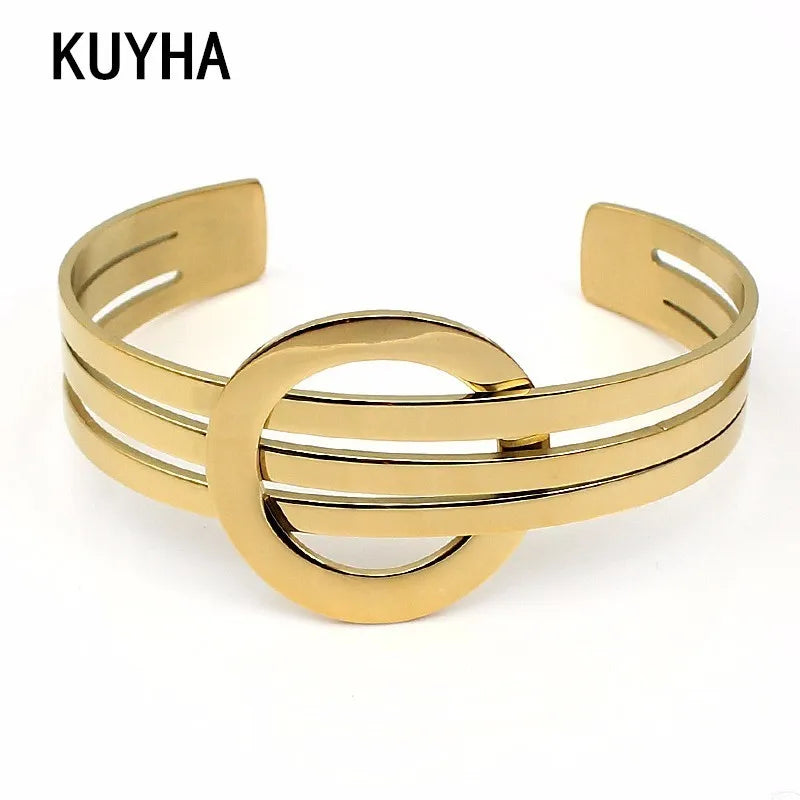 Wide Cuff Bracelet Circle Charm Buckle Stainless Steel Bangles For Women