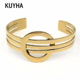 Wide Cuff Bracelet Circle Charm Buckle Stainless Steel Bangles For Women