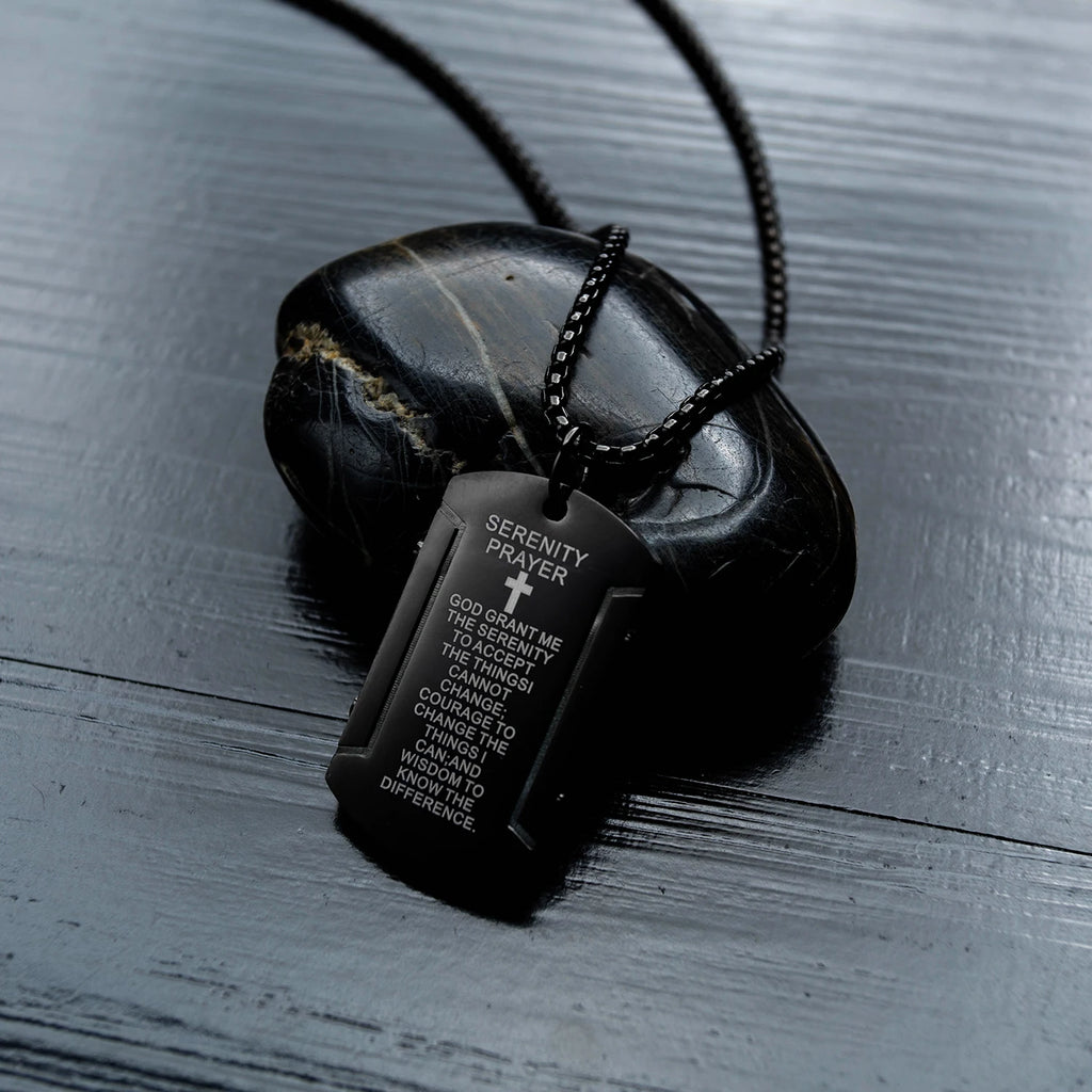 Cross Scripture Pendant Necklace Black Stainless Steel Chain