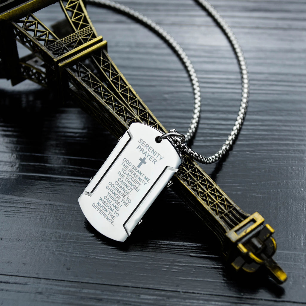 Cross Scripture Pendant Necklace Black Stainless Steel Chain