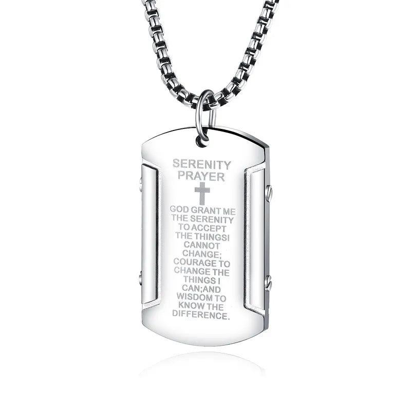 Cross Scripture Pendant Necklace Black Stainless Steel Chain