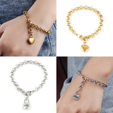 Punk Thick Chain Bracelet Heart Pendant Stainless Steel Charm Bracelet