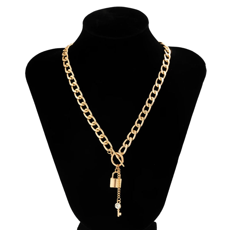 Punk Thick Chain Lock/Key Pendant Tassel Necklace for Women