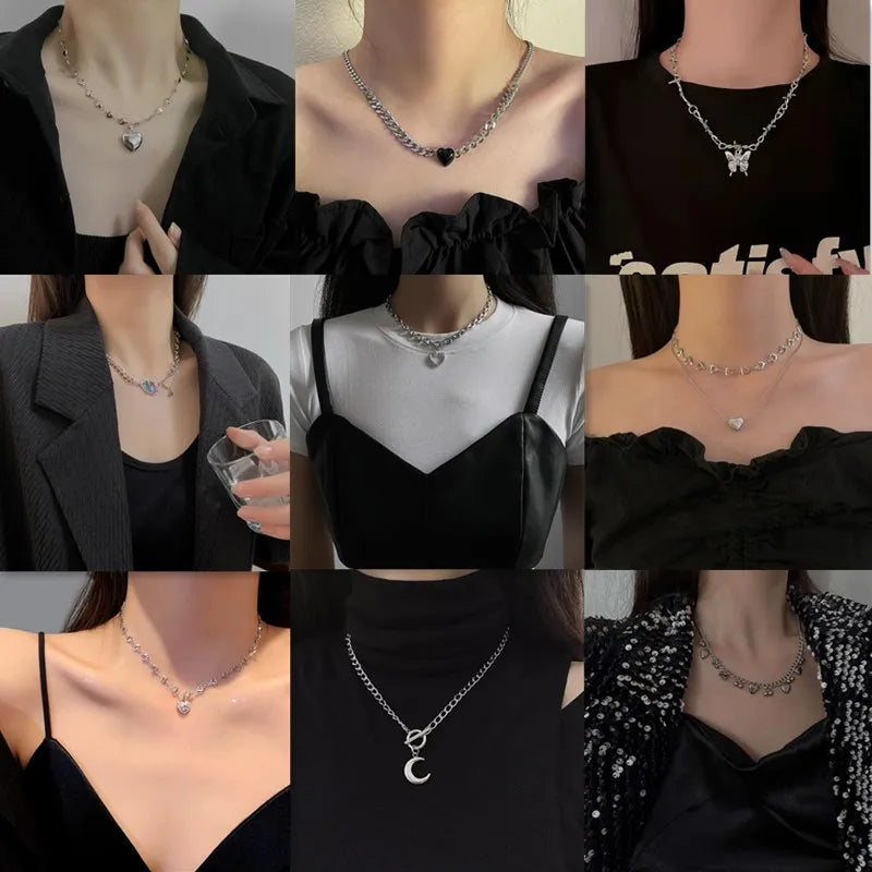 Heart Pendant Thick Chain Choker Necklace Punk Retro Silver Metal Jewelry