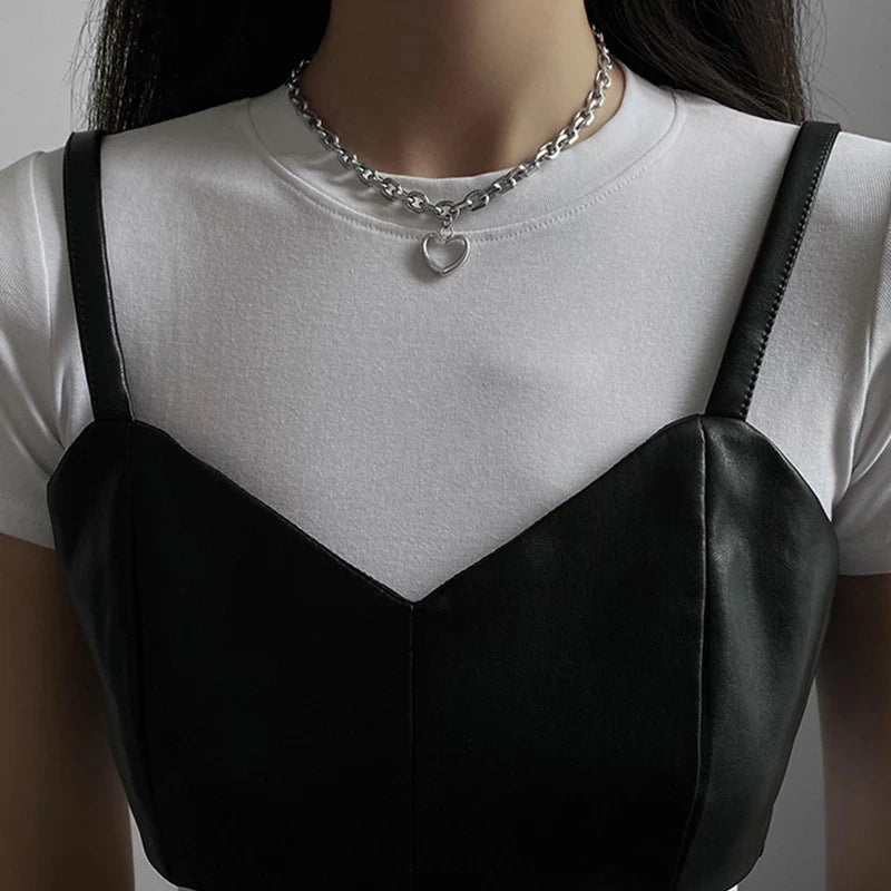 Heart Pendant Thick Chain Choker Necklace Punk Retro Silver Metal Jewelry