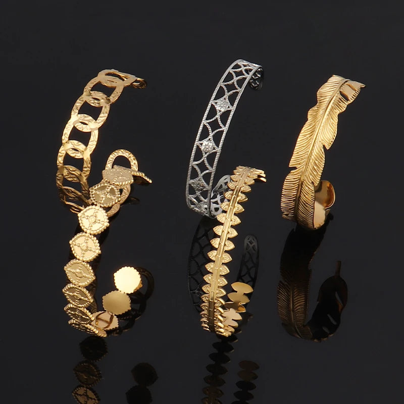 Punk Vintage Bracelet for Women Stainless Steel Bangle Cuff Leaf Charms
