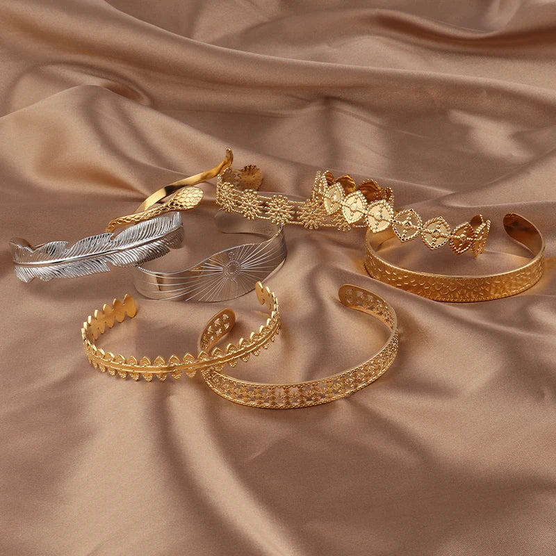 Punk Vintage Bracelet for Women Stainless Steel Bangle Cuff Leaf Charms