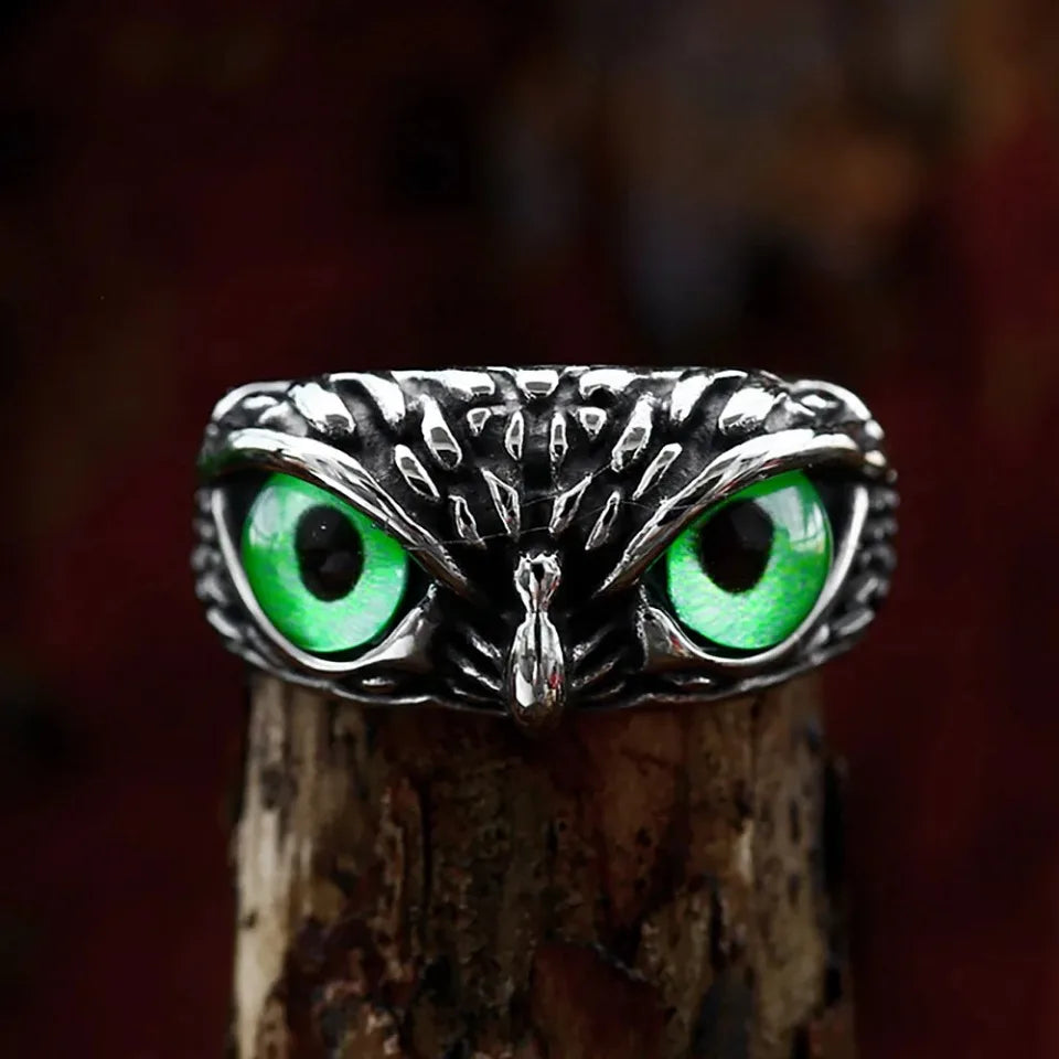 Punk Owl Stone Eyes Stainless Steel Animal Ring Men Women Jewelry