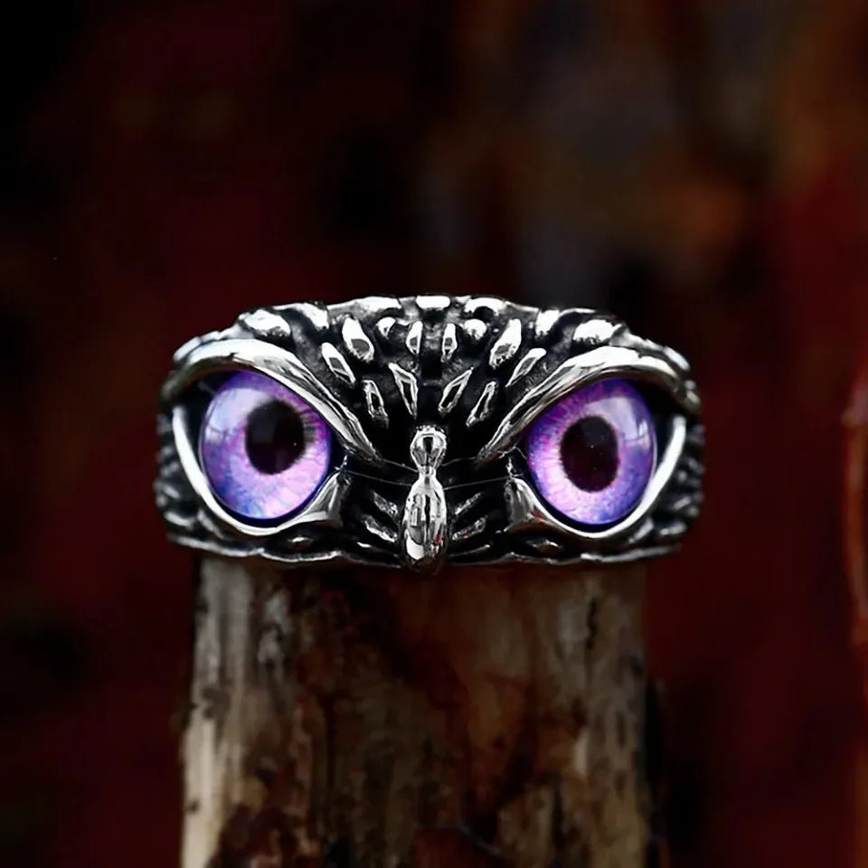 Punk Owl Stone Eyes Stainless Steel Animal Ring Men Women Jewelry