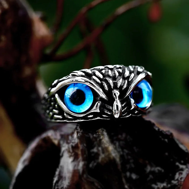 Punk Owl Stone Eyes Stainless Steel Animal Ring Men Women Jewelry