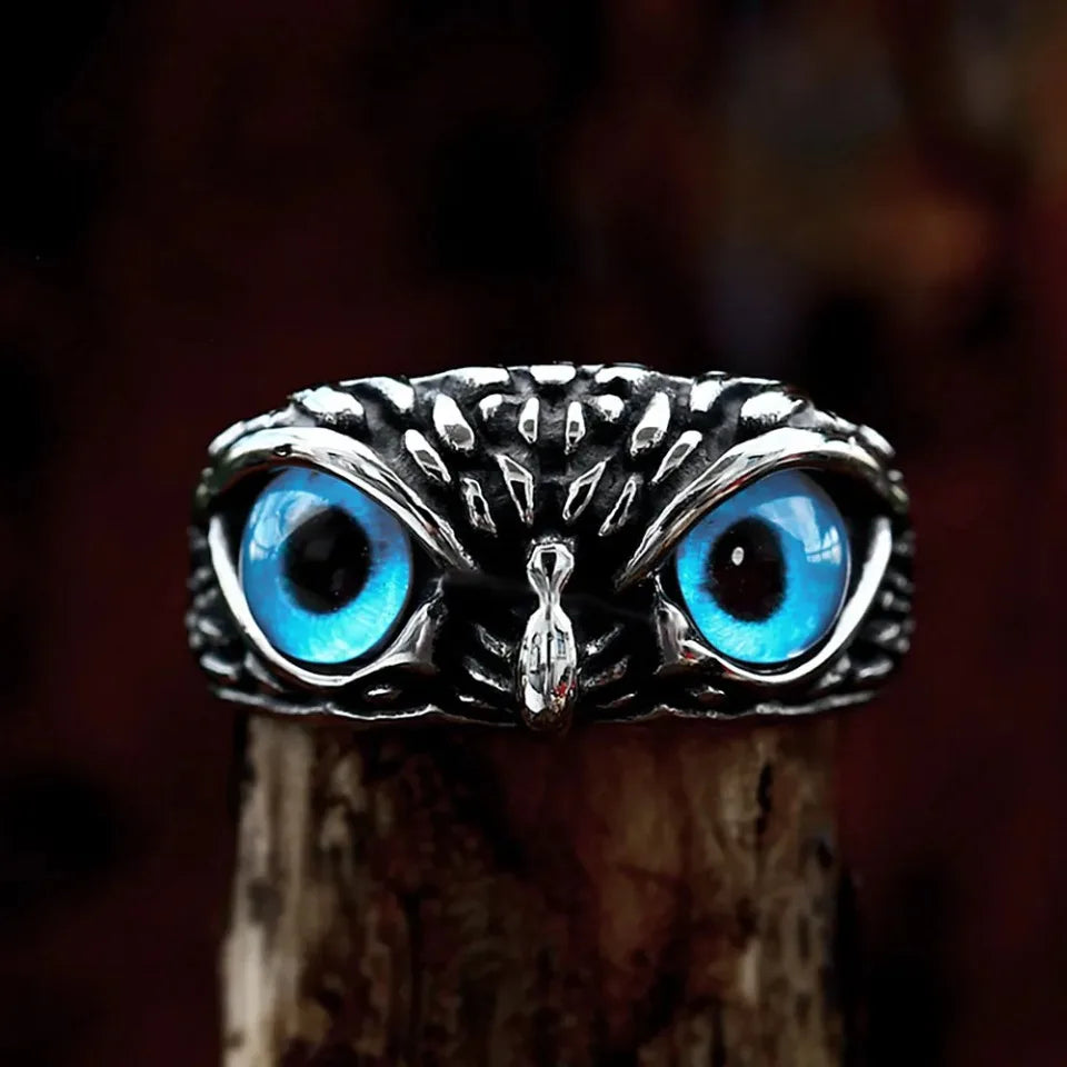 Punk Owl Stone Eyes Stainless Steel Animal Ring Men Women Jewelry