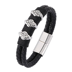 Vintage Double Layer Braided Leather Bracelet Men Stainless Steel Magnetic Clasp