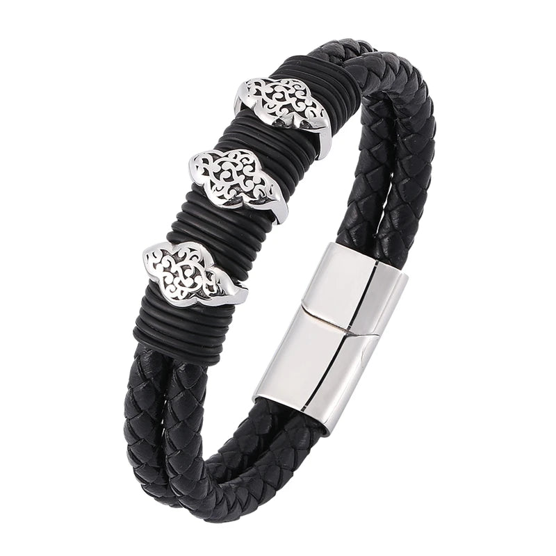 Vintage Double Layer Braided Leather Bracelet Men Stainless Steel Magnetic Clasp