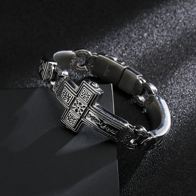 Punk Retro Cross Titanium Steel Men's Bracelet Wide-Faced