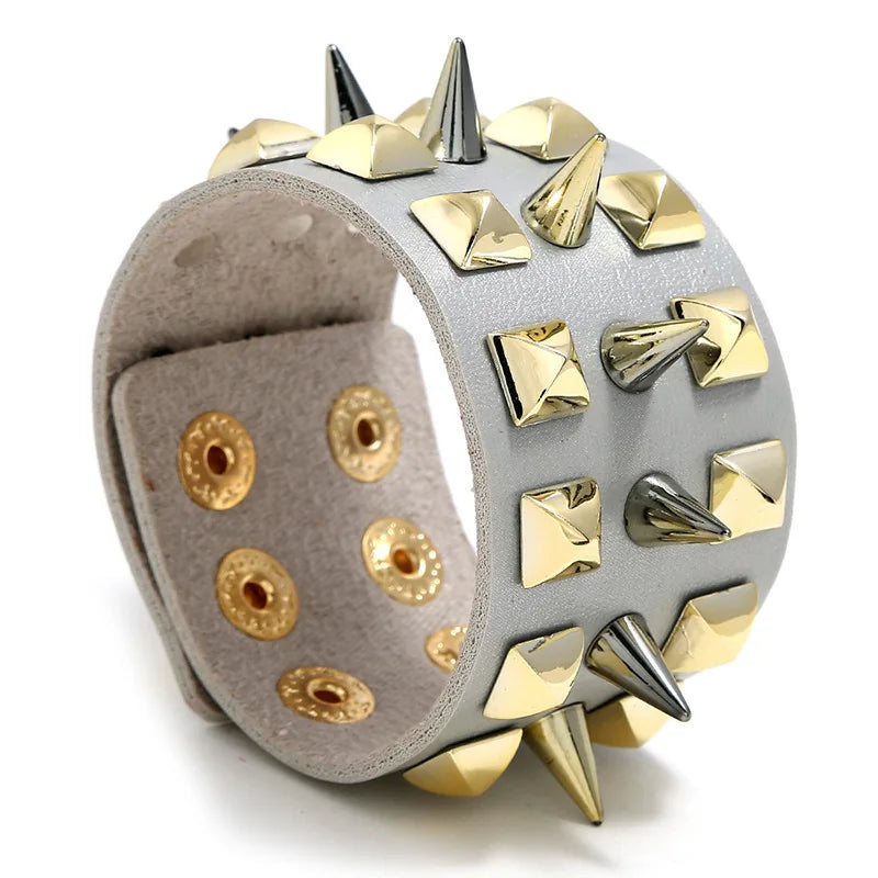 Punk Rock Men Bracelet Three Row Spikes Rivet Wide Cuff Gothic Bangle