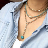 Punk Multi-Layer Metal Chain Necklace with Turquoise Pendant