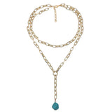 Punk Multi-Layer Metal Chain Necklace with Turquoise Pendant