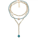 Punk Multi-Layer Metal Chain Necklace with Turquoise Pendant