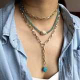 Punk Multi-Layer Metal Chain Necklace with Turquoise Pendant