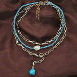 Punk Multi-Layer Metal Chain Necklace with Turquoise Pendant