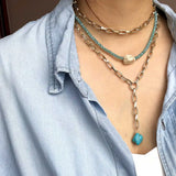 Punk Multi-Layer Metal Chain Necklace with Turquoise Pendant
