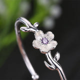 925 Silver Flowers Charm Bracelet Leaf Cuff Bangle