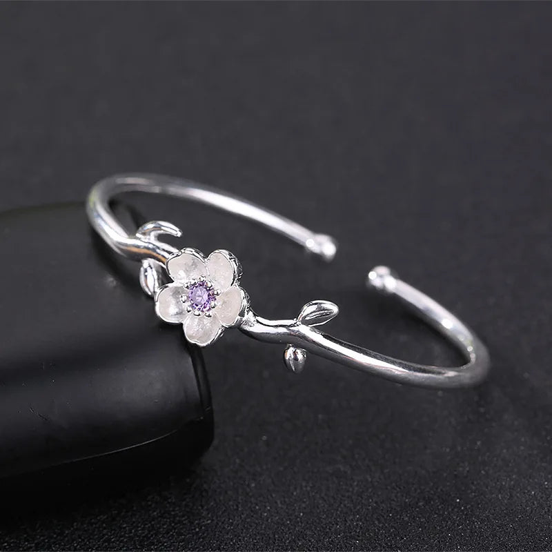 925 Silver Flowers Charm Bracelet Leaf Cuff Bangle