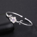 925 Silver Flowers Charm Bracelet Leaf Cuff Bangle