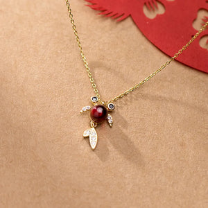 S925 Sterling Silver Goldfish Pendant Necklace Synthetic Red Gemstone Jewelry