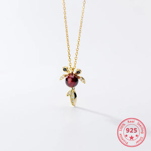 S925 Sterling Silver Goldfish Pendant Necklace Synthetic Red Gemstone Jewelry