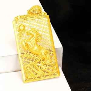 18K 999 Hollow Square Horse Pendant Lucky Necklaces Men Father Wedding Christmas