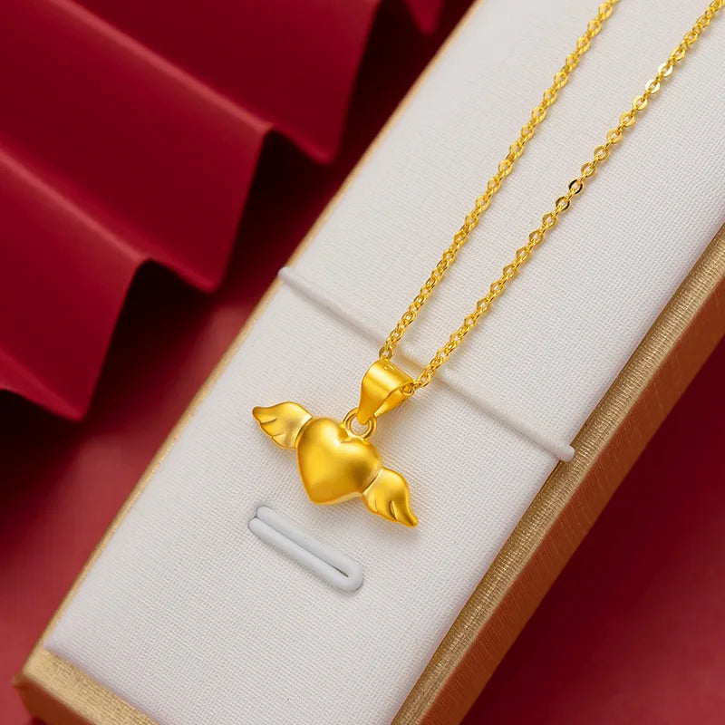18K 999 Romantic Angel Heart Pendant Necklace for Women