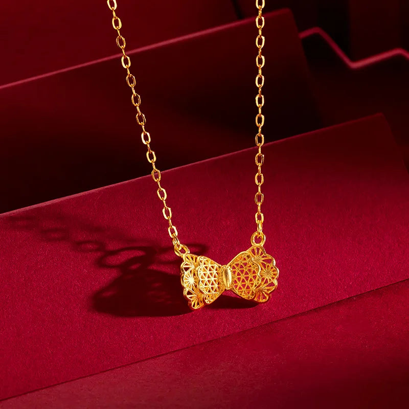 18K Hollow Bow Women Bride Wedding 999 Charms Jewelry Necklace