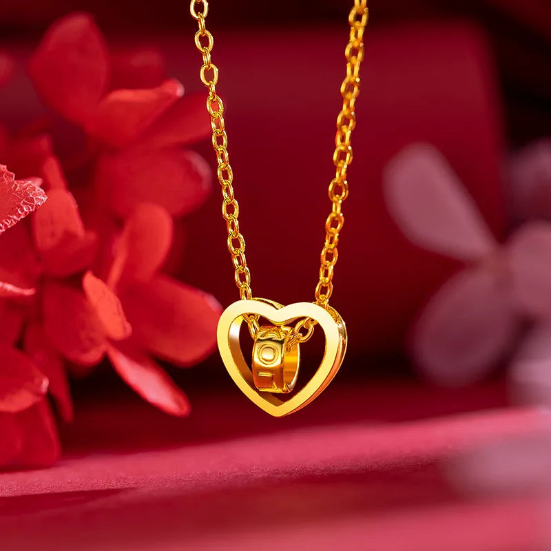 18K Heart Pendant Necklace with Rotating Ring - Fine Jewelry Wedding Gift