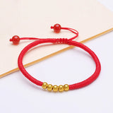 24K Yellow Bracelet 4mmW Beads Red Cord Weave Bracelet