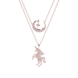 925 Silver Rose Unicorn Moon Zircon Pendant Necklace