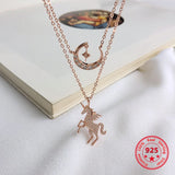 925 Silver Rose Unicorn Moon Zircon Pendant Necklace