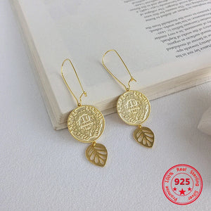 925 Silver Coin Leaf Dangle Earrings Fine Jewelry