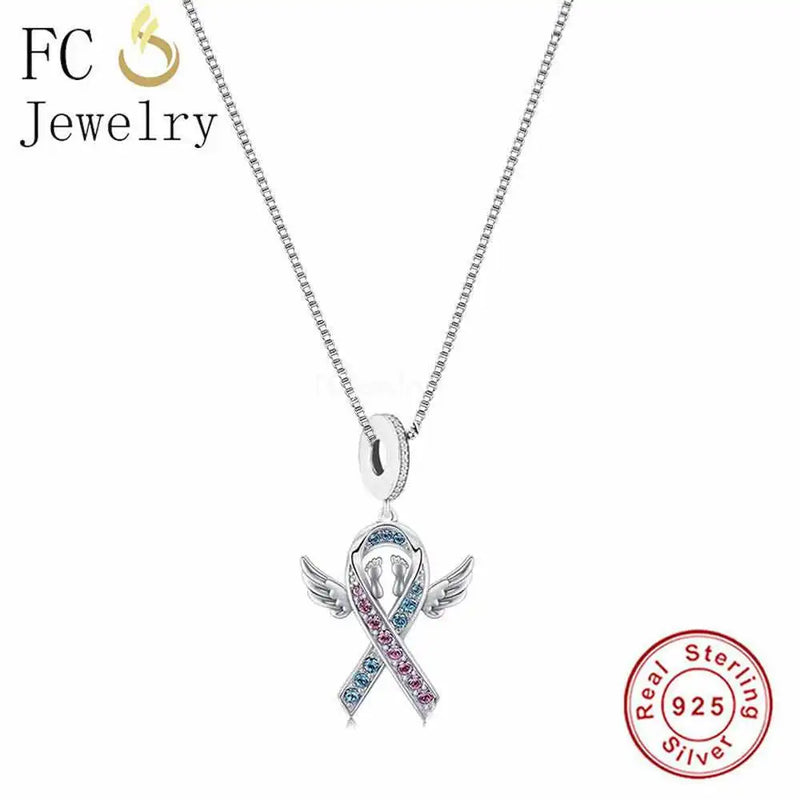 925 Silver Mommy Of Angel Pink Ribbon Pregnancy Loss Awareness Pendant Necklace