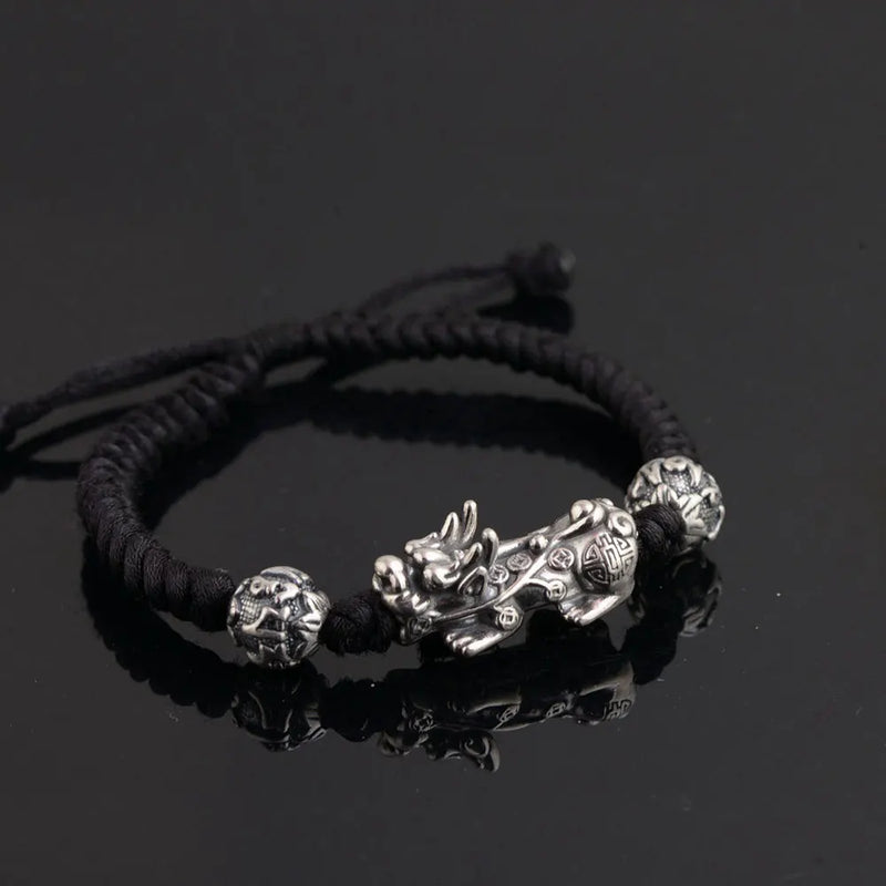925 Silver Pixiu Bracelet 18.5cm Adjustable Rope Chain S925 Thai Silver Beads