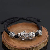 925 Silver Pixiu Bracelet 18.5cm Adjustable Rope Chain S925 Thai Silver Beads