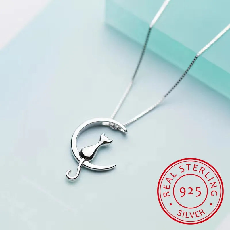925 Sterling Silver Cat Charm Pendant Necklace for Women Choker Jewelry
