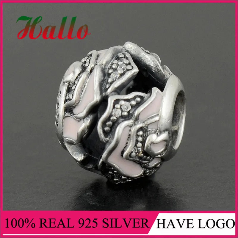 925 Sterling Silver Rose Pink Enamel Dangle Charm Beads for Bracelet DIY