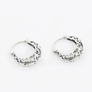 925 Sterling Silver Moon Hoop Earrings Vintage Hollow Floral Women Jewelry