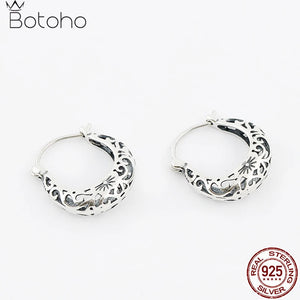 925 Sterling Silver Moon Hoop Earrings Vintage Hollow Floral Women Jewelry