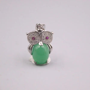 925 Silver Pendant Small Green Chalcedony Owl Charm
